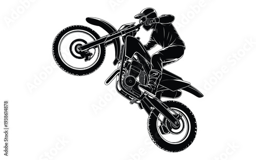 Dynamic Dirt Bike Performing Wheelie, Pure Black And White Silhouette Illustration. Motorcycle Stunt Rider In Motion On Clean White Background, Extreme Sports Action, Motocross Adventure And Speed