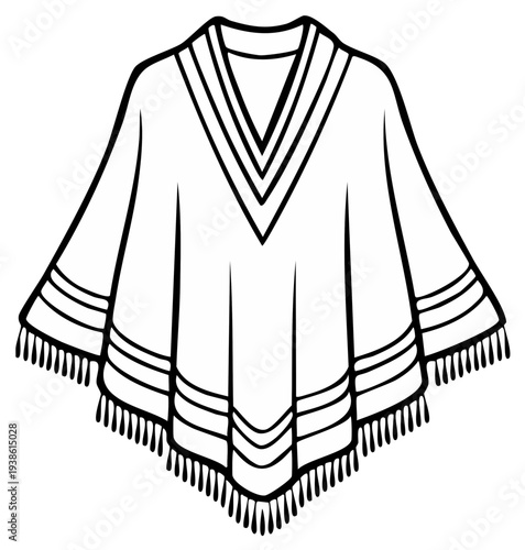 Poncho Outline Vector Illustration of Traditional Garment, Black and White Design