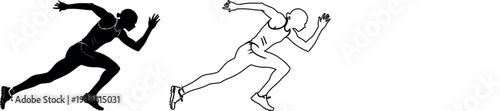 Runner silhouette with outline and stroke style sprinting athlete running pose design set