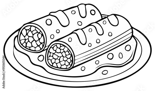 Illustrative Black and White Burritos on a Plate with Sauce Ready to Eat