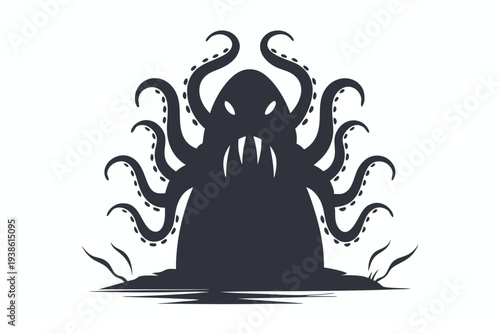 Fearsome Alien Monster Silhouette with Multiple Tentacles, Sci-Fi Horror, Isolated on White
