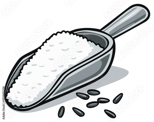 Metal Scoop Filled With Fine White Granules And Scattered Seeds