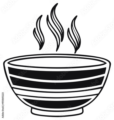 Steaming bowl of hot soup or food in a line art monochrome illustration showcasing nourishing comfort and warm inviting flavors
