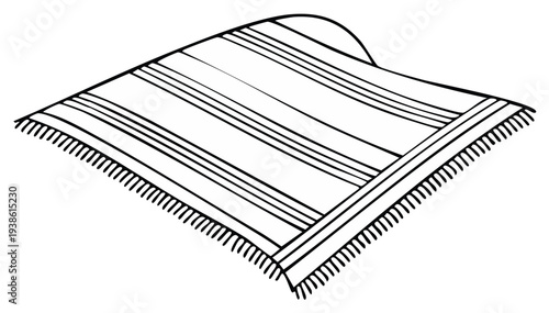 Artistic black and white illustration of a striped woven rug with decorative fringed edges