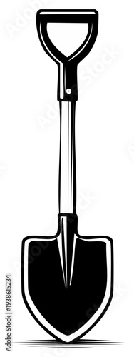 Classic D Handle garden shovel illustration in bold black and white vector art