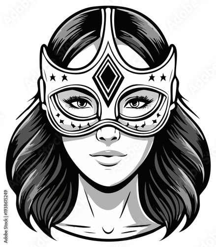 Woman Wearing Ornate Mask with Stars and Diamond Detail