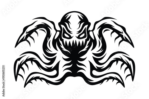 Abstract Alien Monster Silhouette with Numerous Tentacles, Sci-Fi Theme, Minimalist Design