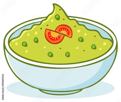 Guacamole dip with fresh tomato and green peas in a cartoon style bowl vector illustration