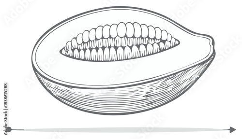 Vintage engraving style drawing of a melon sliced in half with seeds
