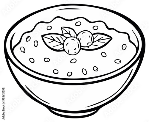 Stylized Bowl of Oatmeal with Berries and Mint Leaves Outline Drawing for Breakfast