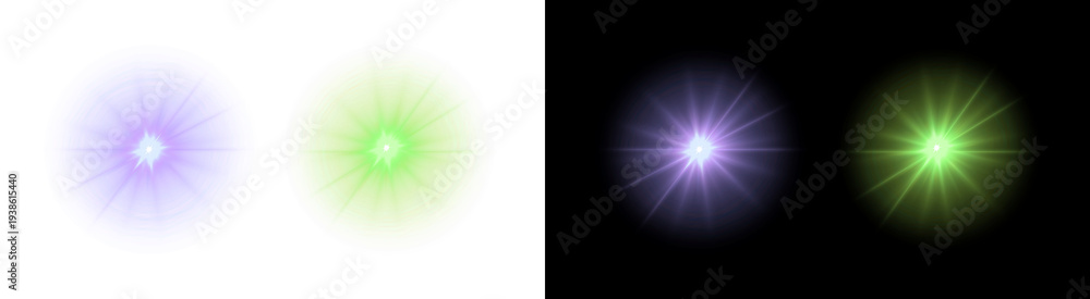 Fototapeta premium PNG&nbsp; image of&nbsp;Collection of bright purple and vibrant green starburst lens flare effects showcasing radiant light bursts on transparent background