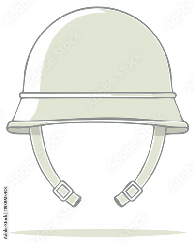 Simple light colored military helmet illustration with a chin strap and buckles for protection and safety