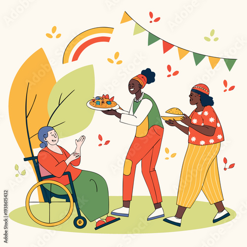 A vibrant illustration depicts a community sharing a meal with joy and inclusivity