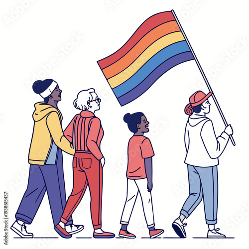 A diverse group of people walk together proudly displaying a vibrant rainbow pride flag