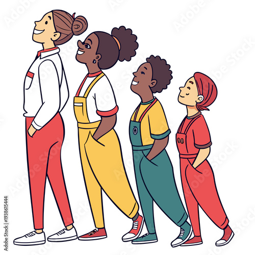 Four diverse young women stand in a row looking upwards with joyful expressions