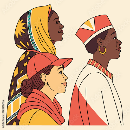 Three women in profile showcasing diverse headwear and cultural representation