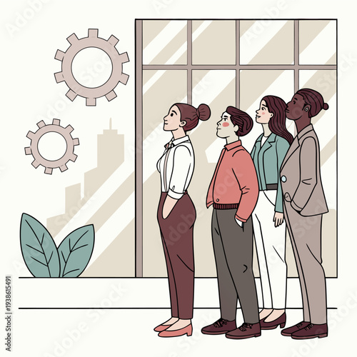 Diverse businesswomen gaze upwards toward gears and a cityscape symbolizing innovation