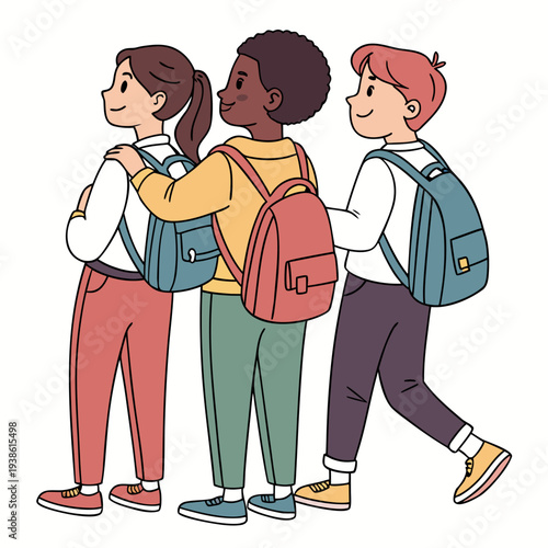 Three diverse students with backpacks walk together displaying friendship and camaraderie