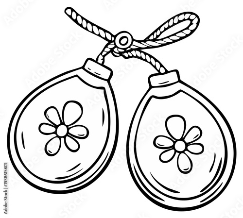 Illustration of Castanets with Flower Design and Rope for Rhythmic Hand Percussion Music in Black and White