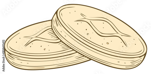 Hand-drawn vector illustration of two traditional golden oval flatbreads or savory biscuits