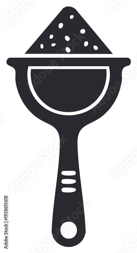 Minimalist icon of a sieve filled with granular powder against a white background