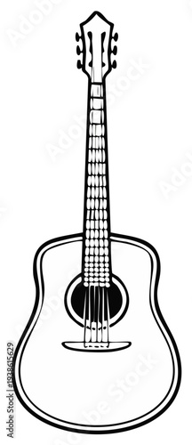 Acoustic Guitar Black and White Outline, String Instrument Illustration, Musical Equipment