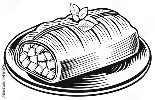 Delicious dessert on a plate in a line drawing style, gourmet dessert illustration for menu design and pastry shops