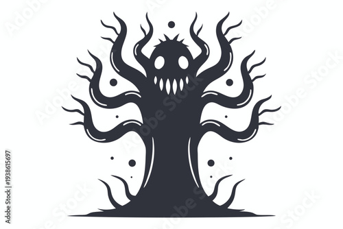Sci-Fi Alien Monster Silhouette with Long Reaching Tentacles and Beast