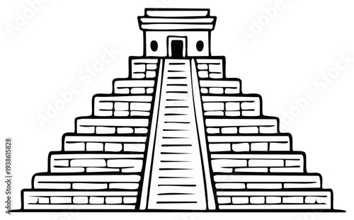 Ancient Mesoamerican stepped pyramid with stone staircase and temple at the summit