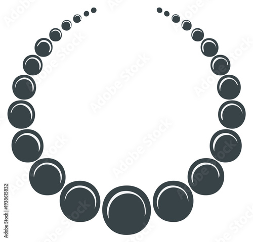Elegant pearl necklace jewelry icon design shows a semicircle of different sized beads reflecting light in simple style