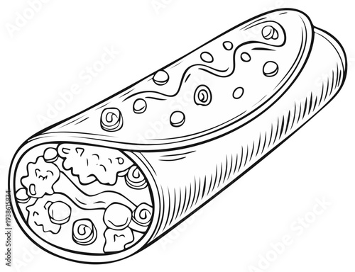 Black and white illustration of a delicious burrito with fillings.