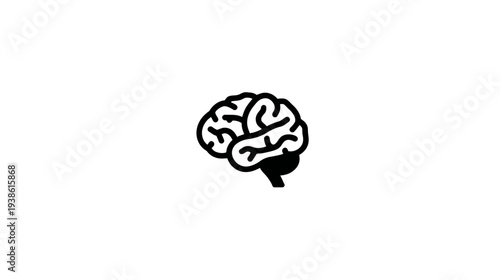 Stylized, black and white icon depicting the human brain, isolated against a white background