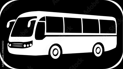 A white silhouette of a long passenger vehicle on a rounded black background. It has windows, wheels, and mirrors