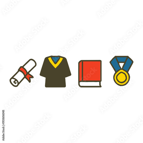 A collection of award symbols including certificate, jersey, book, and medal on a simple background