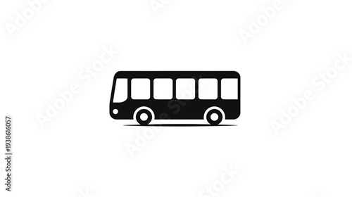 A simple, black bus icon with seven rectangular windows, a front light, two wheels, and a shadow