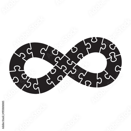 A black infinity symbol made of puzzle pieces on a white background silhouette