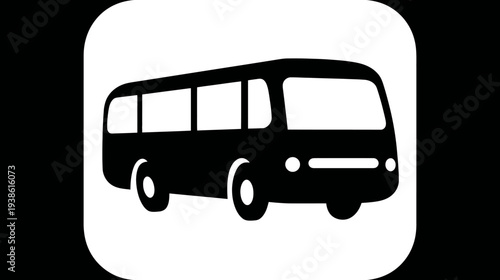 Simplified, silhouette image of a bus with rounded corners within a white background and black border