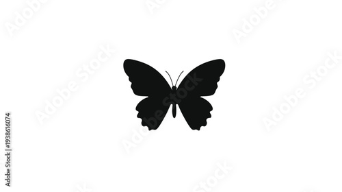 A black silhouette of a butterfly on a white background, symmetrical wings and body