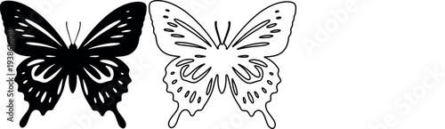 Butterfly vector silhouettes, black and white swallowtail insect icons, set of 2 decorative butterfly illustrations for logo design