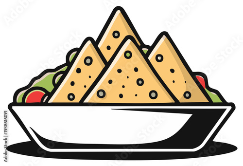 Cartoon illustration of delicious nachos with salsa in a white bowl
