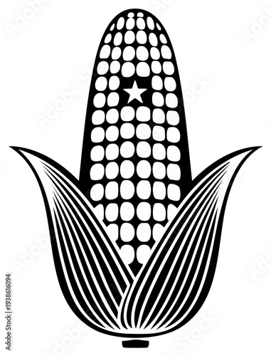 Stylized black and white illustration of a corn cob with husks and a star