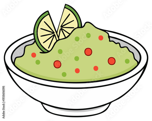 Cartoon guacamole bowl with fresh lime wedges vibrant healthy food illustration