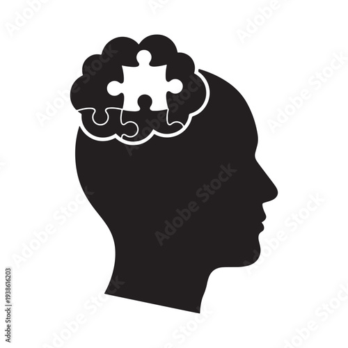 A silhouette of a person's head with a puzzle piece in their brain representing a missing thought or idea silhouette