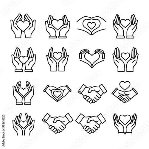 Hands and hearts illustrating kindness and charity in various illustrations