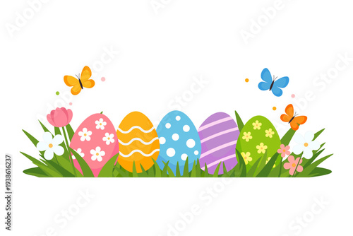 Colorful Easter vector illustration with decorated eggs in spring grass surrounded by blooming flowers and flying butterflies.