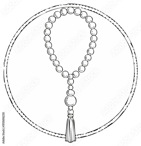 Hand drawn illustration of religious prayer beads with tassel