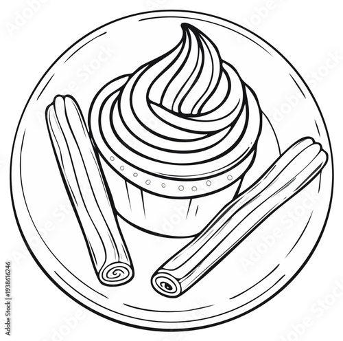 Hand-drawn illustration of a cupcake with swirls of frosting and two churros on a plate
