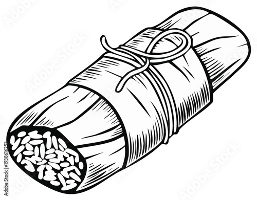 Hand Drawn Rice Dumpling, Traditional Asian Food Wrapped in Leaves Sketch Style