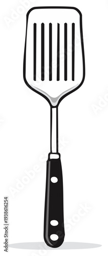 Kitchen utensil cartoon illustration of a slotted turner with black handle, cooking tools