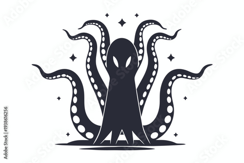 Alien Tentacle Monster Silhouette, Sci-Fi Horror Art, Mysterious and Dark Vector Graphic